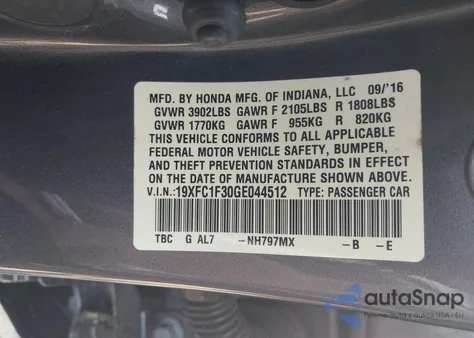 2016 Honda Civic Ex-T из США, поврежденный, VIN 19XFC1F30GE044512